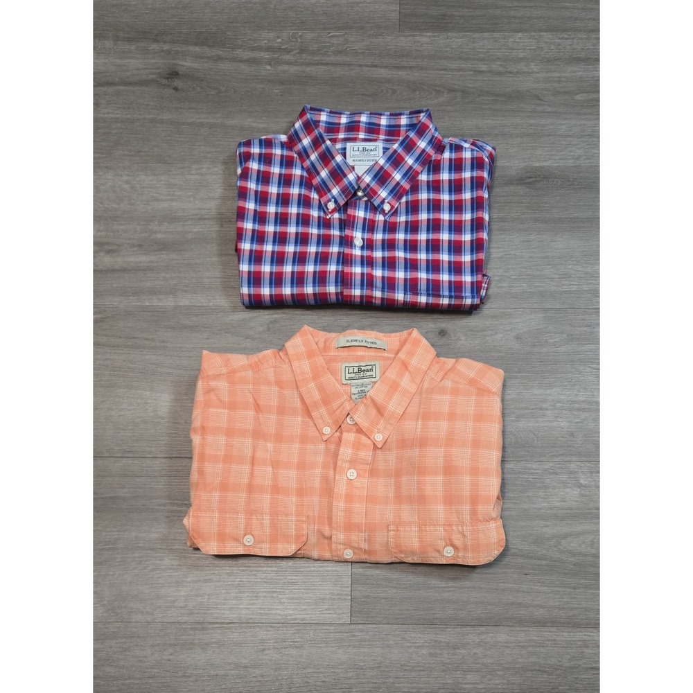 Lot of 2 L.L. Bean Men Large Long Sleeve Button Up Shirts Plaid Slightly Fitted